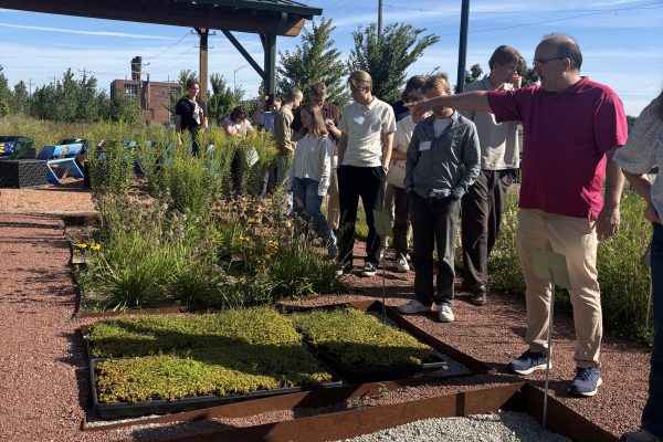 A group of students on a tour at Ramboll's Brownfields Revitalization Project in Milwaukee gather around several demonstration plots of green infrastructure. A man gestures toward the installations, which include trays of low-growing sedum and sections of gravel. In the background, a wooden pavilion topped with solar panels stands near lush native plantings under a clear blue sky.